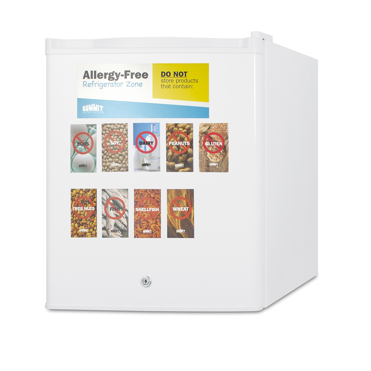 Commercially approved compact all-refrigerator in white, designed to serve as an allergy-free storage zone, with digital thermostat, keyed lock, and a set of allergy warning magnets